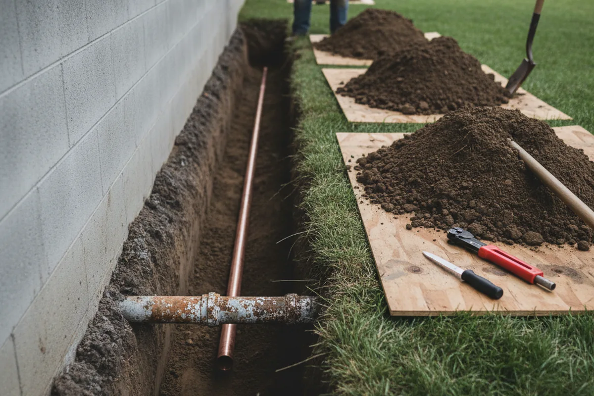 Excavated water line trench during Sewer Line Repair in Tekamah